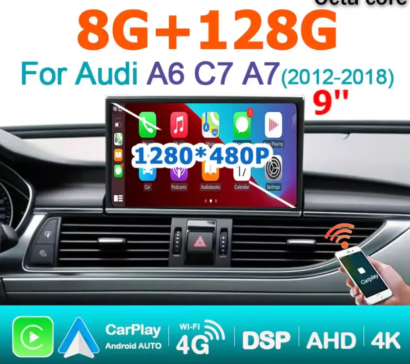 9'' Wireless Carplay Android 13 For Audi A6 C7 A7 2012-2018 2Din 1