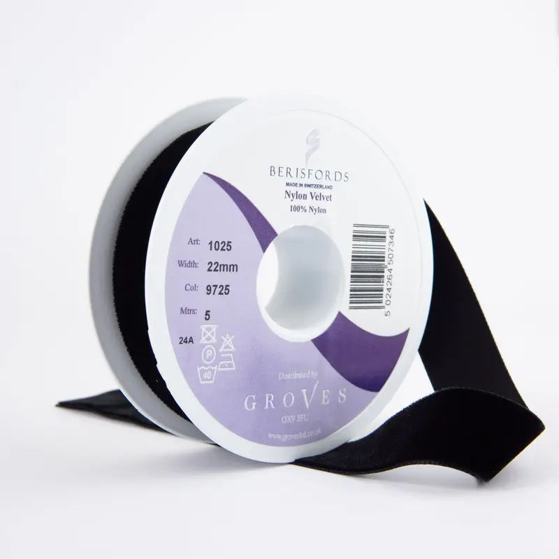 Berisfords Black Velvet Ribbon – 5-Meter Roll