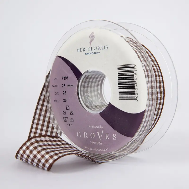 Berisfords Gingham Ribbon Brown 1