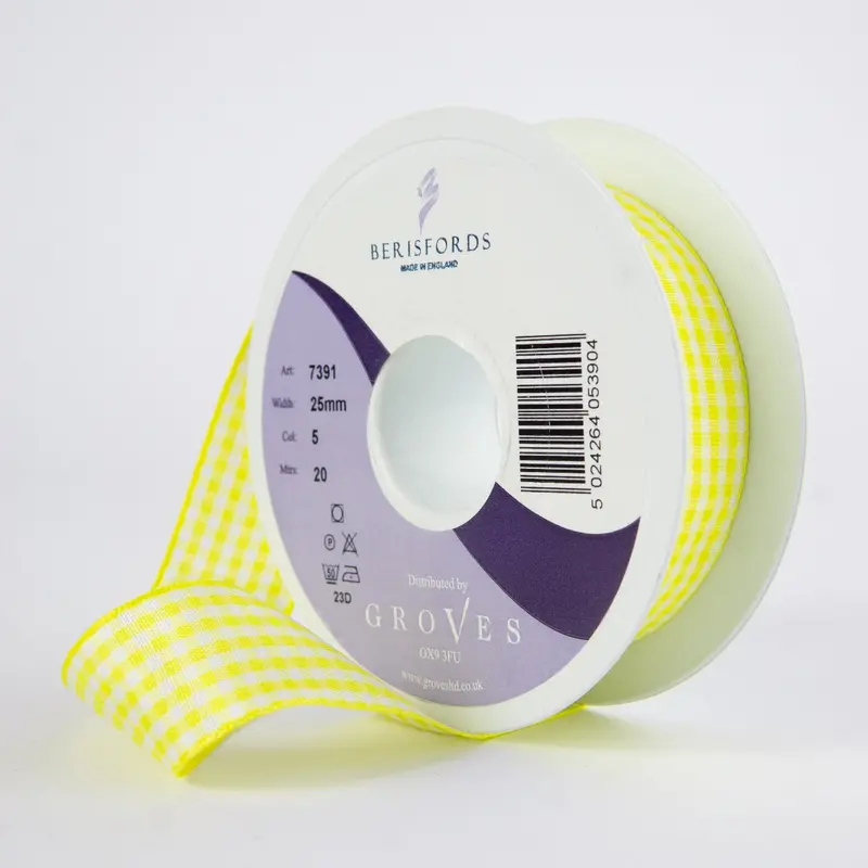 Berisfords Gingham Ribbon Lemon 1