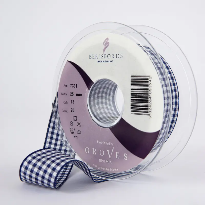 Berisfords Gingham Ribbon Navy 1