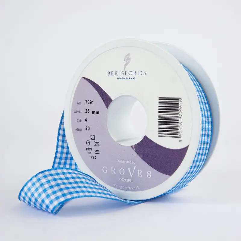 Berisfords Gingham Ribbon Peacock Blue 1