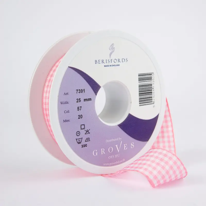 Berisfords Gingham Ribbon Rose Pink 1