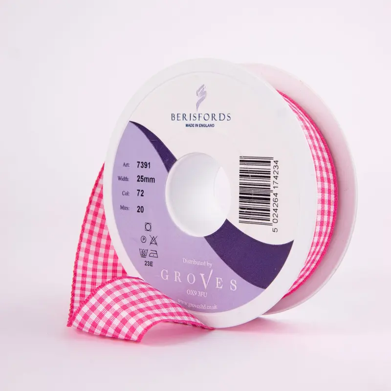 Berisfords Gingham Ribbon Shocking Pink 1