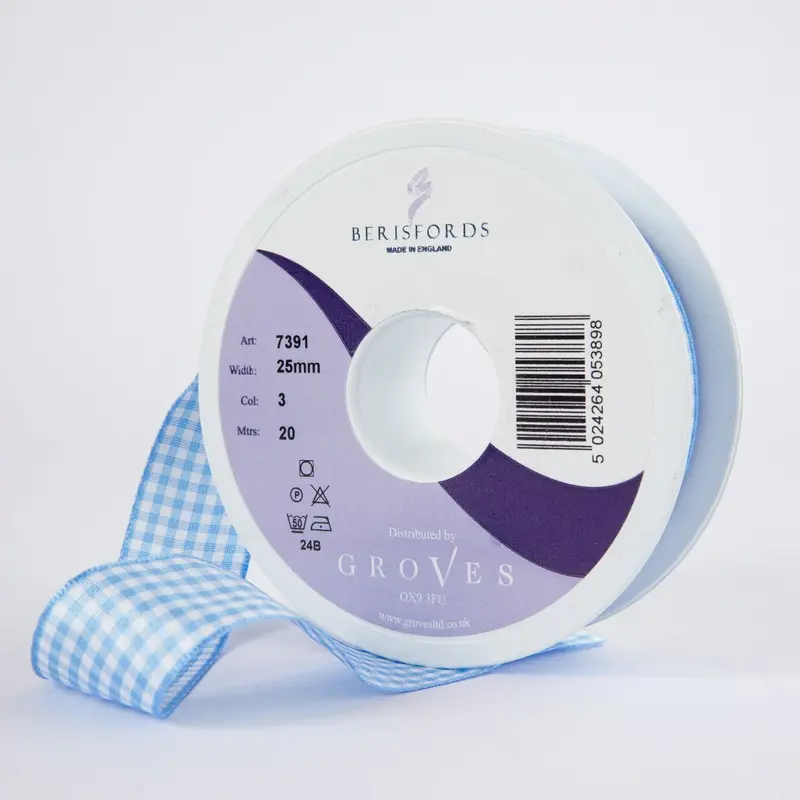 Berisfords Gingham Ribbon Sky Blue 1
