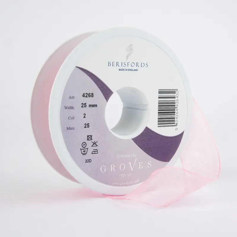 Berisfords Ribbon Super Sheer 25M Roll - Pink 1