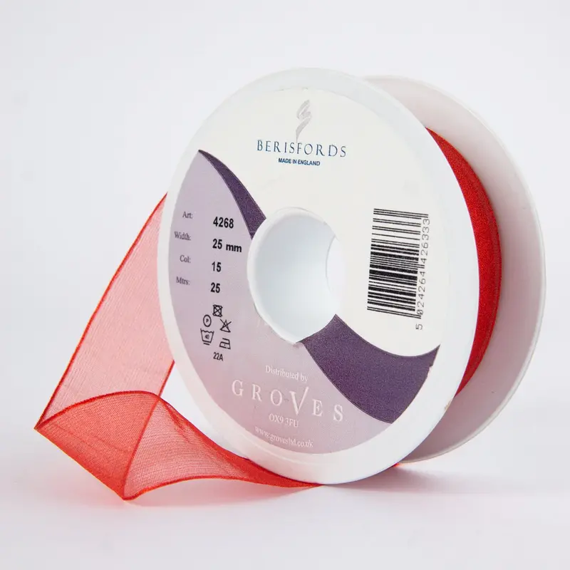 Berisfords Super Sheer Ribbon 25M Roll - Red 1