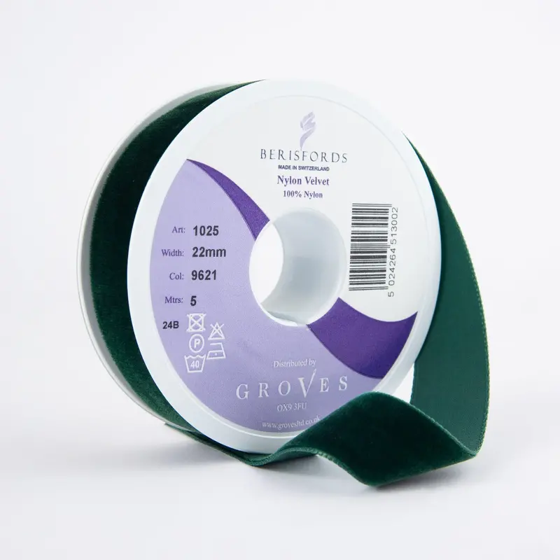 Berisfords Velvet Ribbon, Bottle Green 5M Roll 1