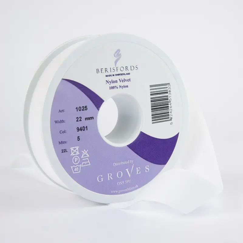 Berisfords Velvet Ribbon, White 1