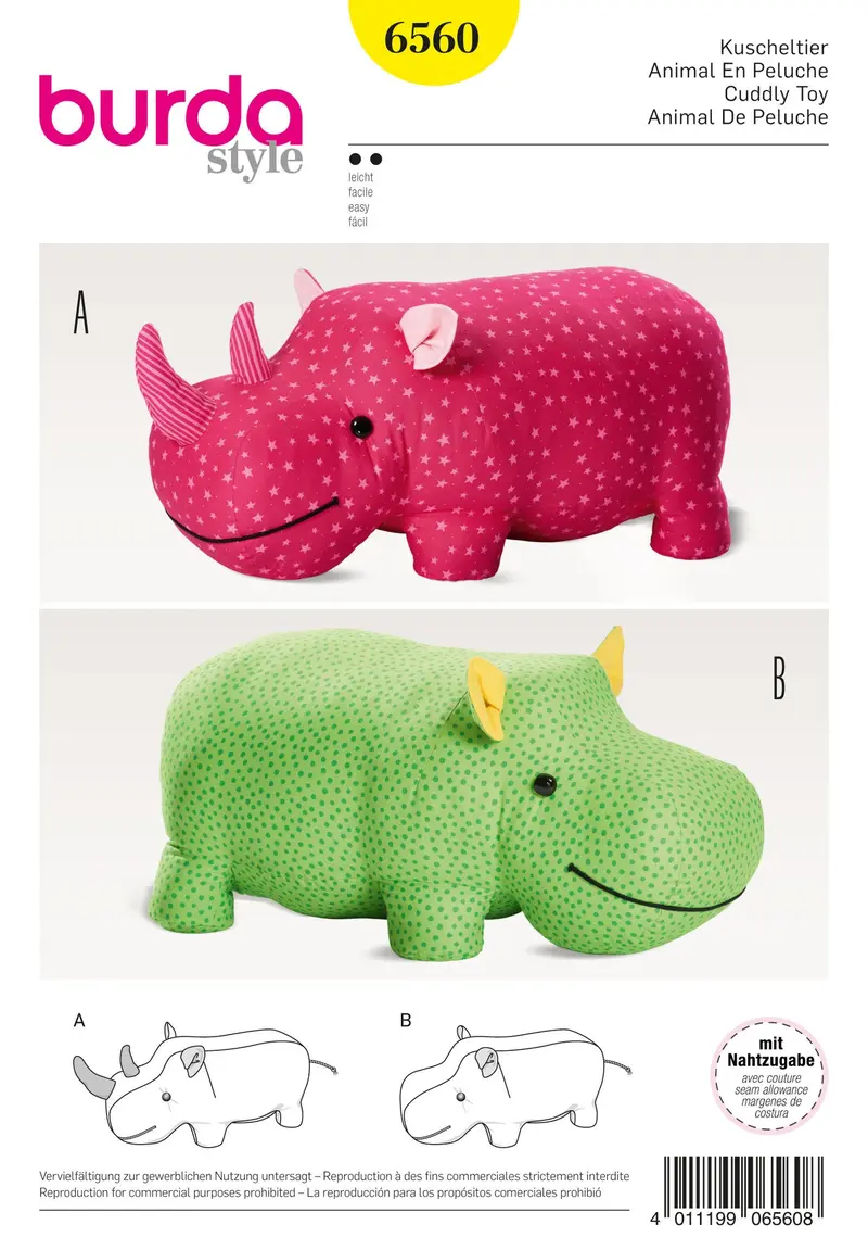 Burda 6560 Stuffed Hippo Or Rhino Sewing Pattern 1