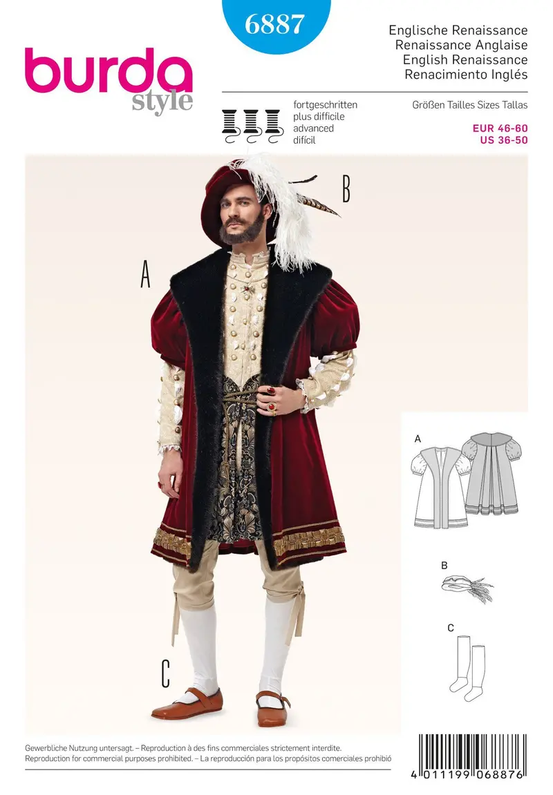 Burda 6887 Mens' Renaissance Costume Pattern 1