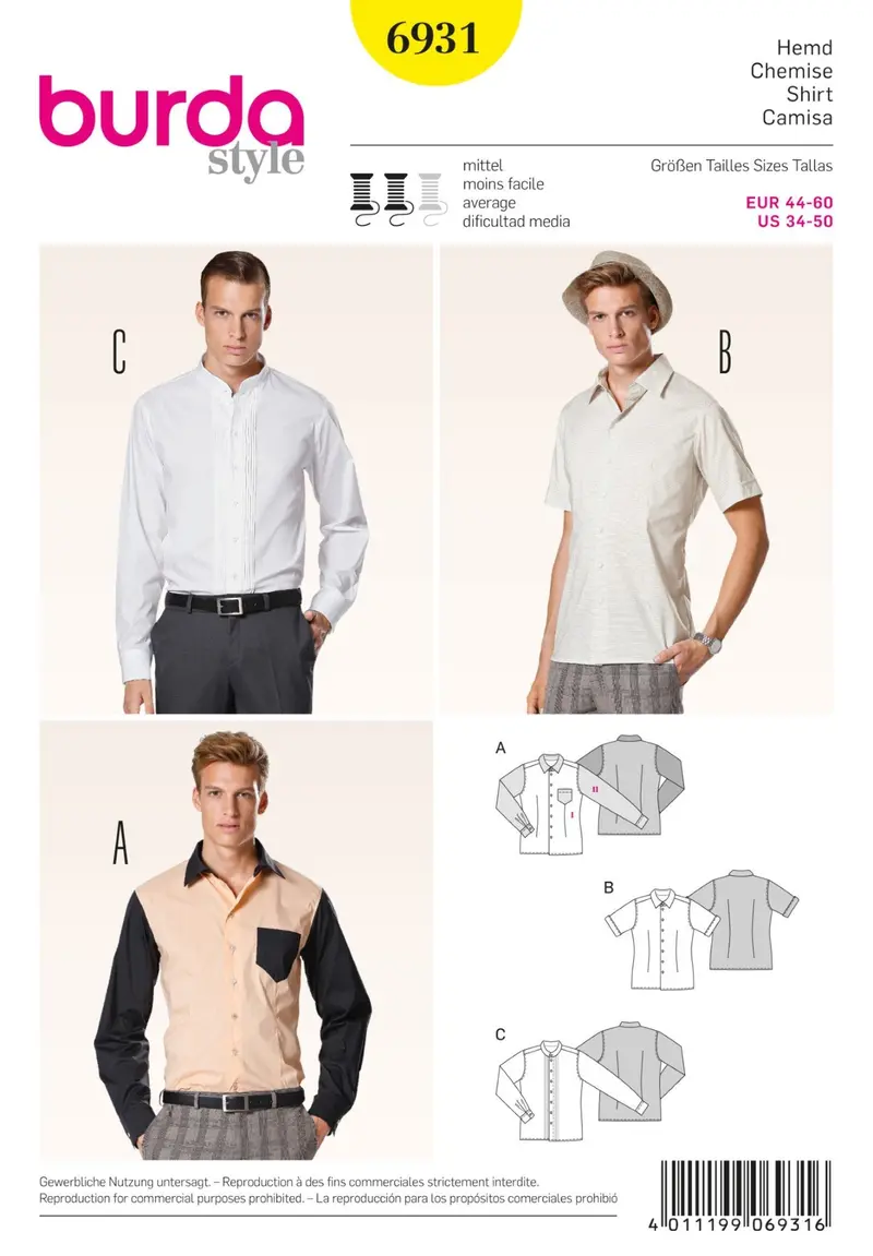 Burda 6931 Men's Shirts Sewing Pattern 1