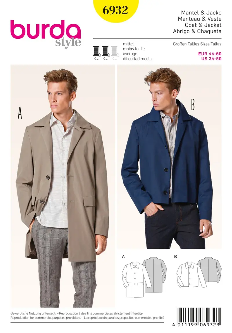 Burda 6932 Men's Mac Coat And Jacket Pattern 1