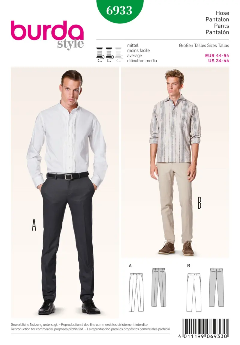 Burda 6933 Men's Fitted Trousers Sewing Pattern 1