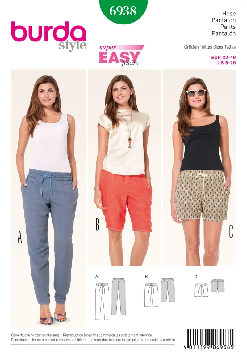 Burda 6938 Pull On Trousers Sewing Pattern 1