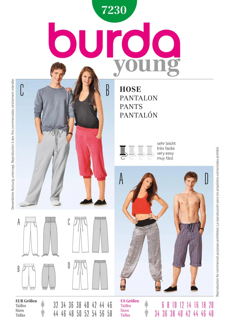 Burda 7230 Unisex Trousers Pattern 1