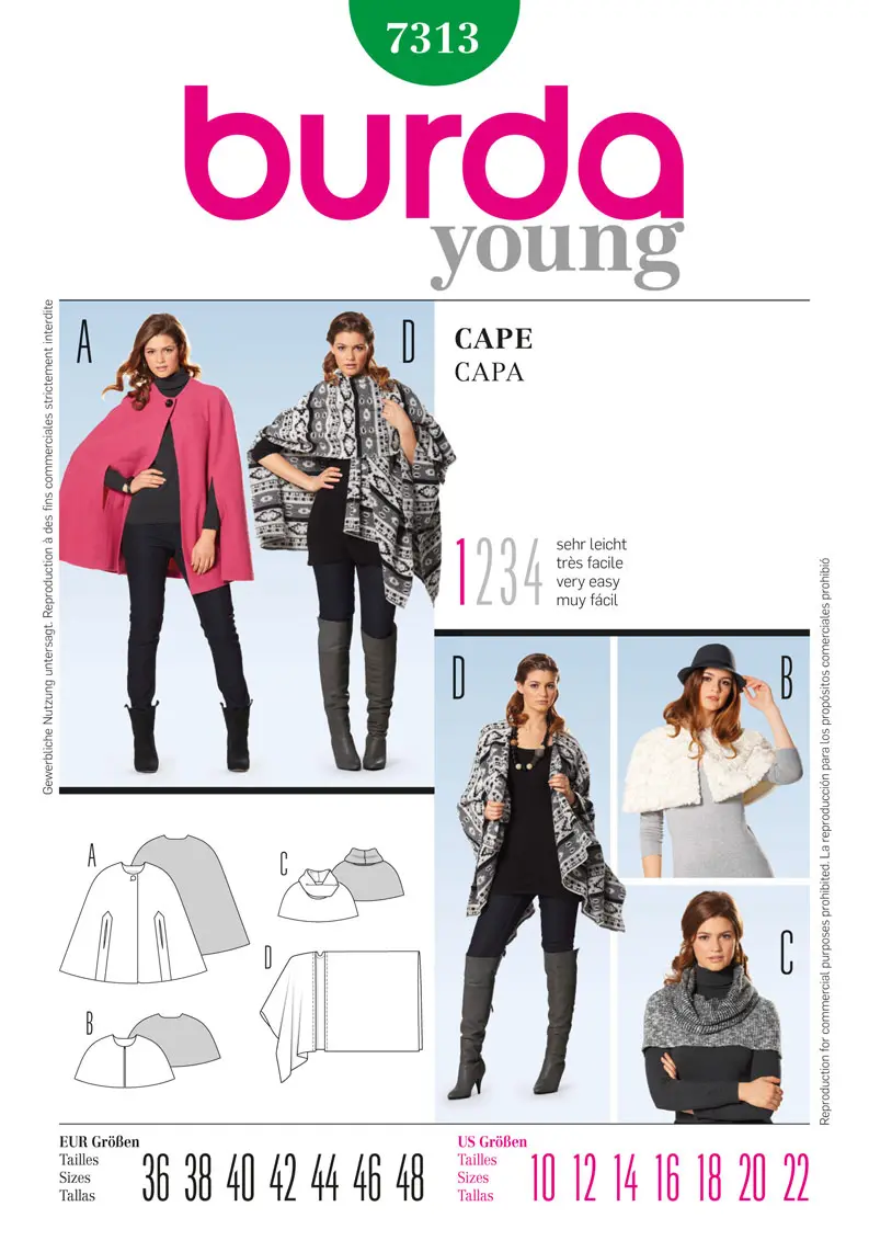 Burda 7313 Womens' Capes Sewing Pattern 1