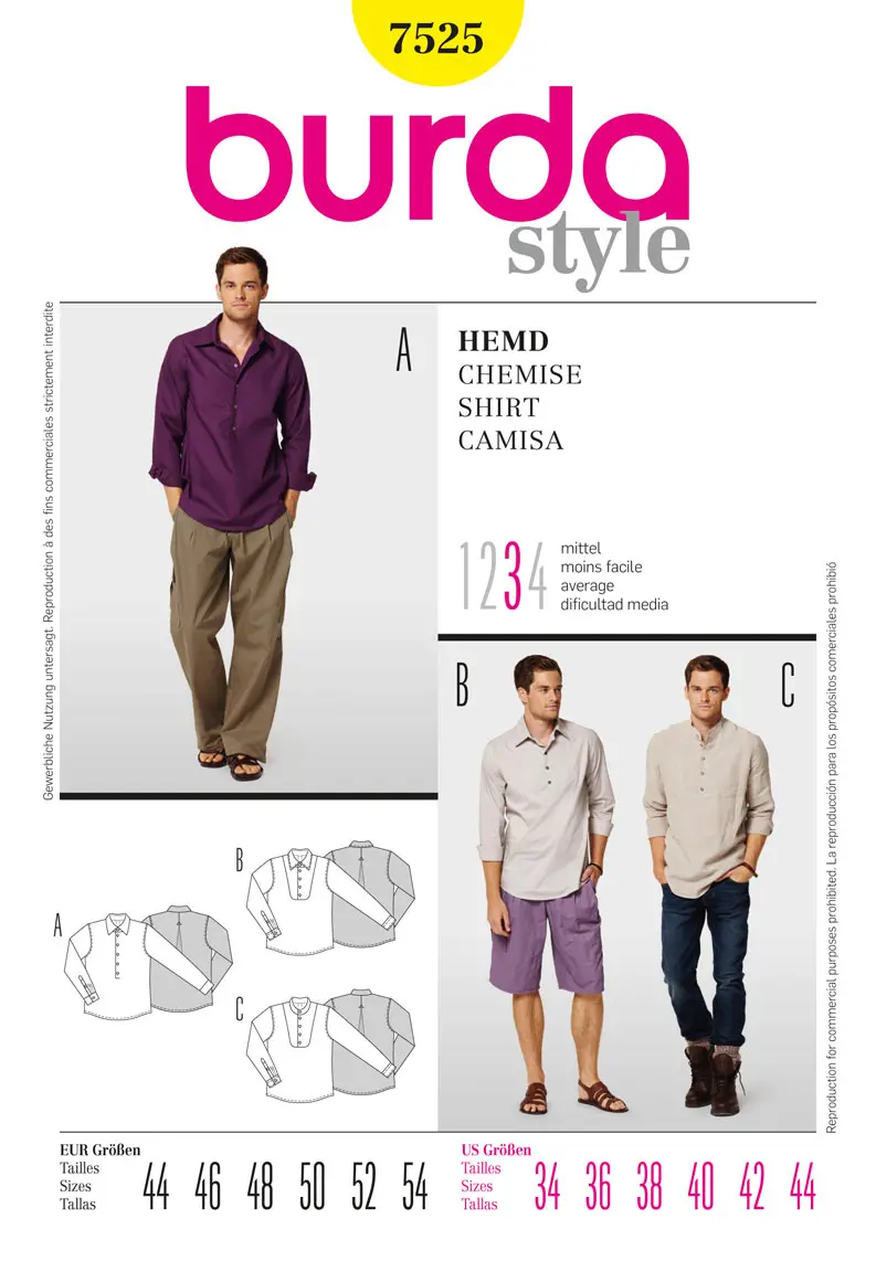 Burda 7525 Mens' Long Sleeve Shirt Pattern 2