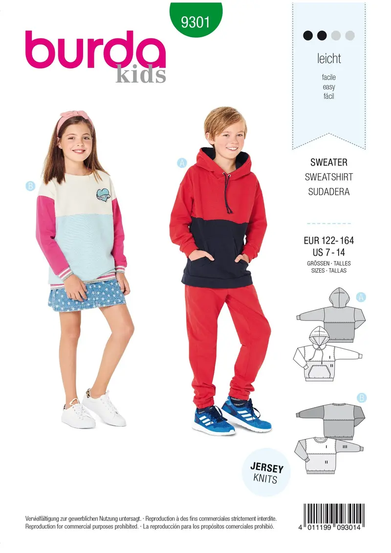 Burda 9301 Children's Unisex Hoodie And Jumper Sewing Pattern 2