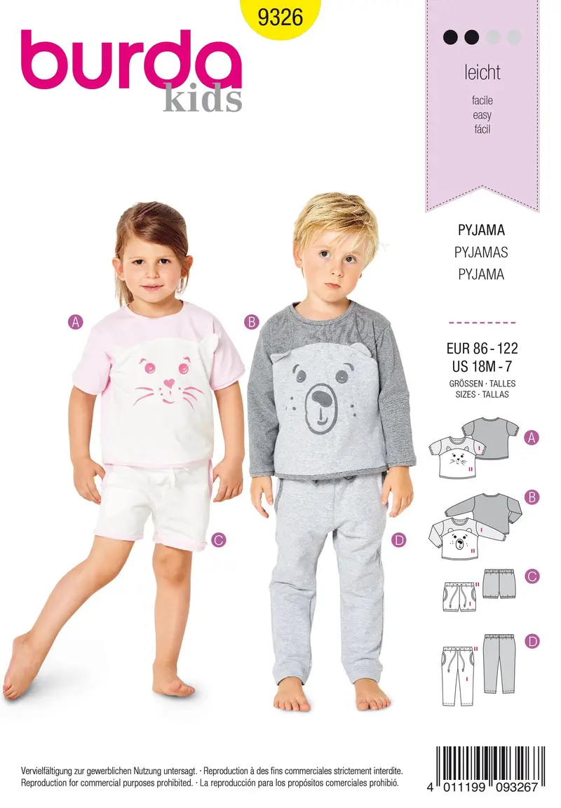 Burda 9326 Toddler's Sleepwear Sewing Pattern 2