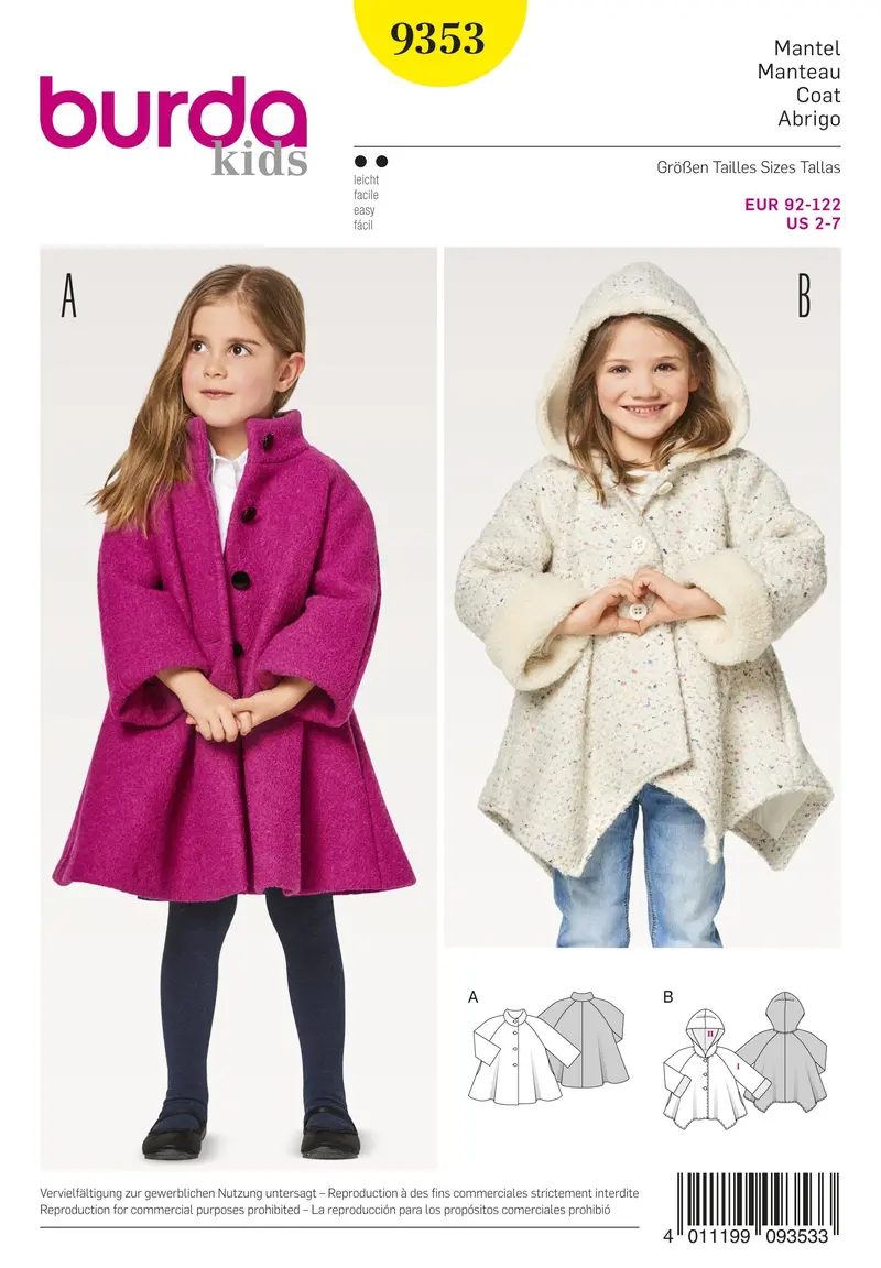 Burda 9353 Child's A-Line Coat Sewing Pattern 1
