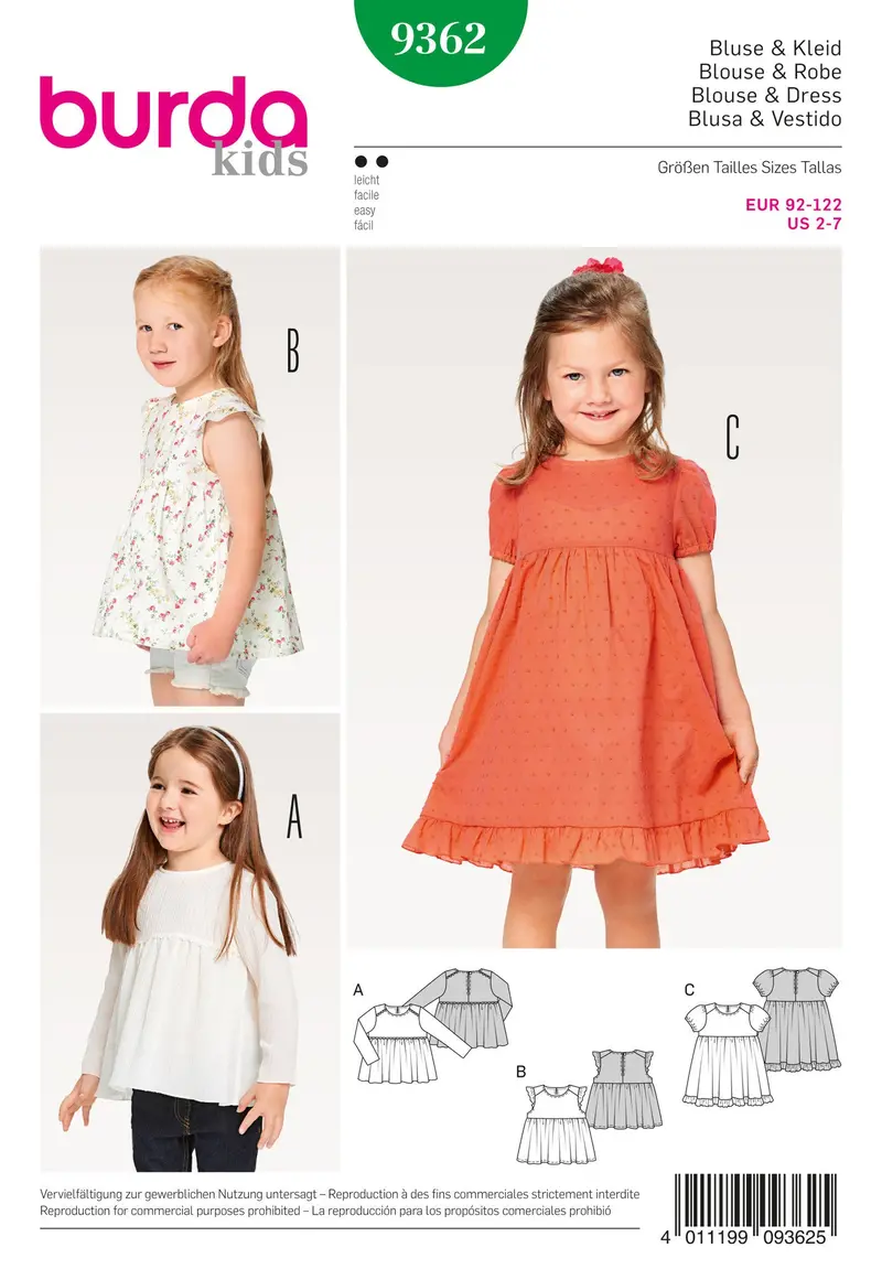 Burda 9362 Child Dress, Blouse And Skirt Sewing Pattern 1