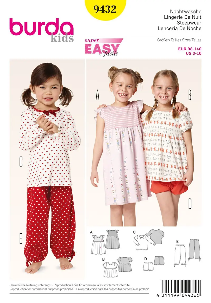 Burda 9432 Girls' Pyjamas Sewing Pattern 1