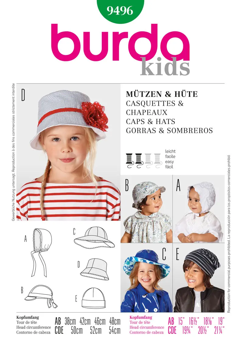 Burda 9496 Children's Caps And Hats Pattern 1