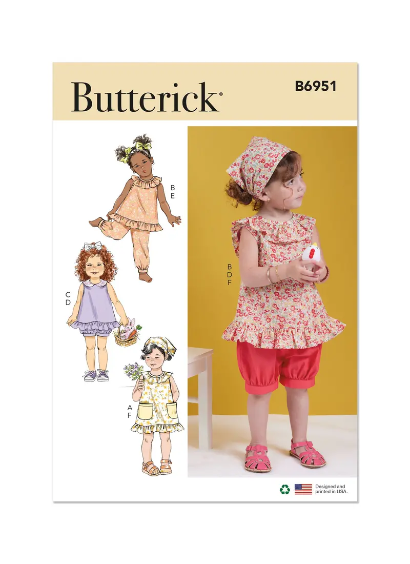 Butterick Sewing Pattern 6951 Toddlers' Dress, Tops, Shorts, Pants And Kerchief 2