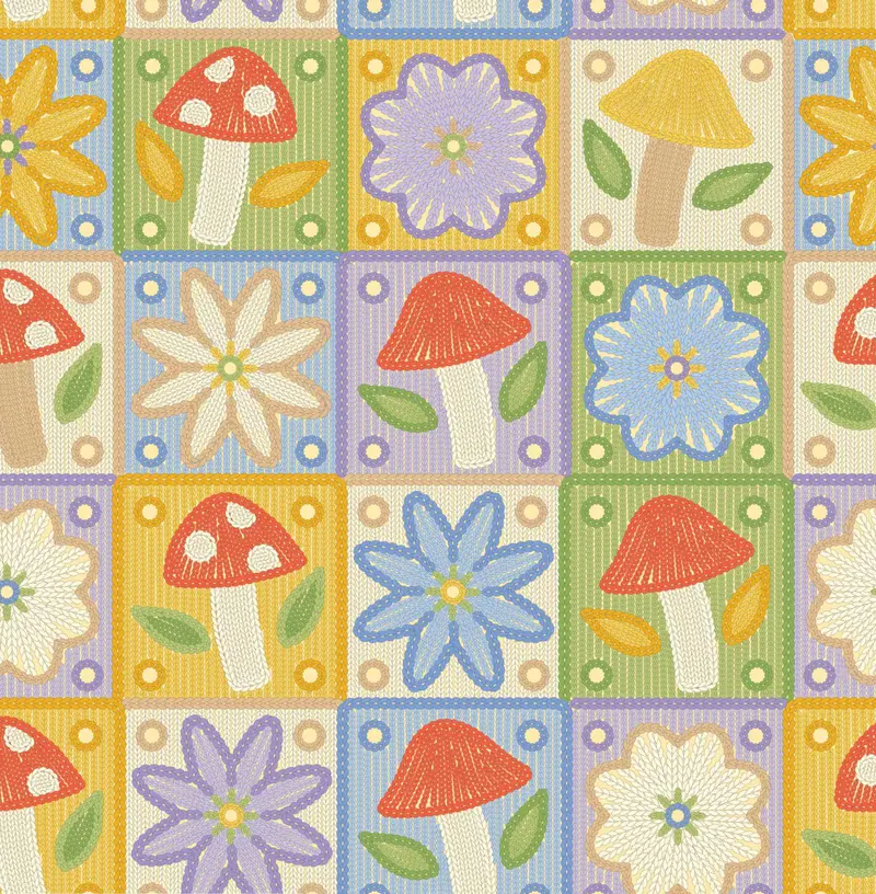 Cottage Bliss Organic Cotton Fabric, Colourful Crochet 1