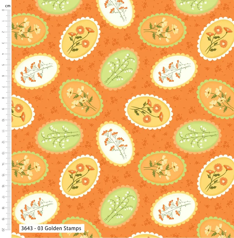 Cottage Bliss Organic Cotton Fabric, Golden Stamps 2