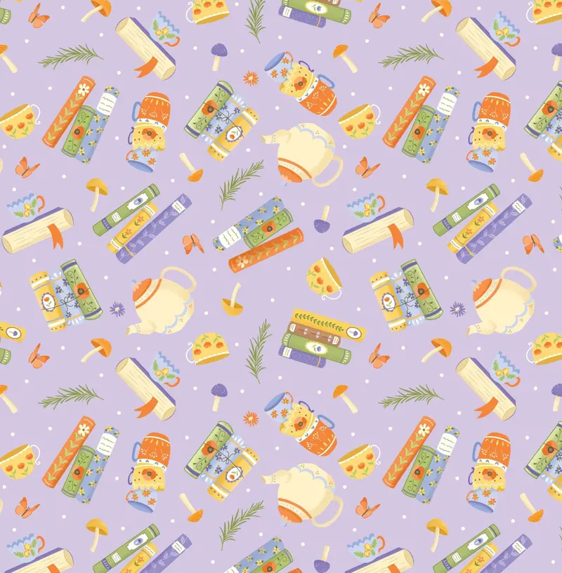 Cottage Bliss Organic Cotton Fabric, Tea And Toadstools 1