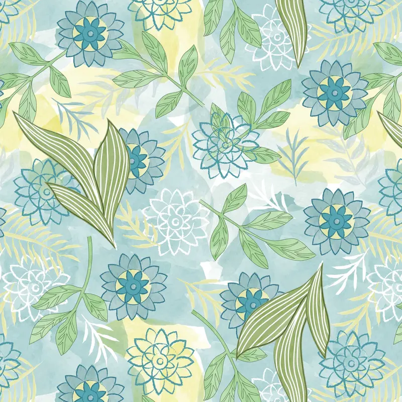 Elephant Festival Organic Cotton Fabric, Painted Flower Turq 1