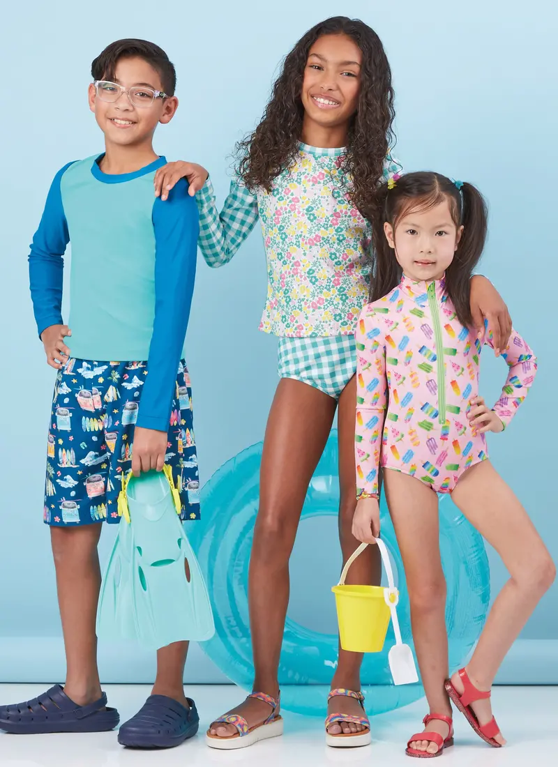 Mccall's Sewing Pattern 8395 Children's Rash Guard Bodysuit, Top, Shorts And Bikini 1