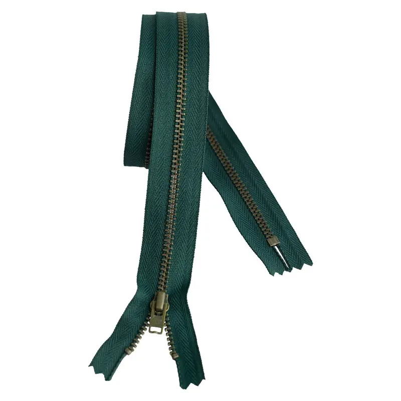 Metal Dress Zip | Antique Brass - Bottle Green 1