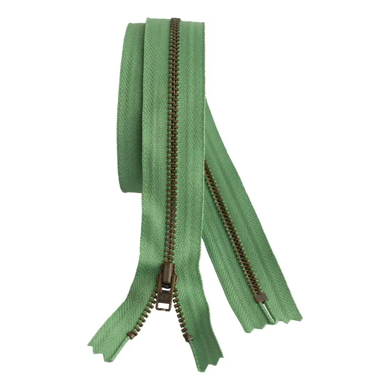 Metal Dress Zip | Antique Brass - Mid Green 1