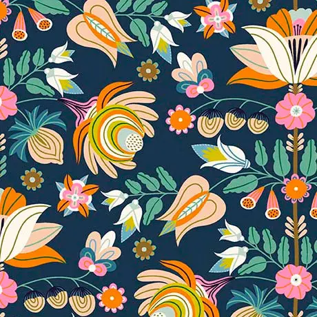 Mingle Organic Cotton Fabric, Floral Navy 1