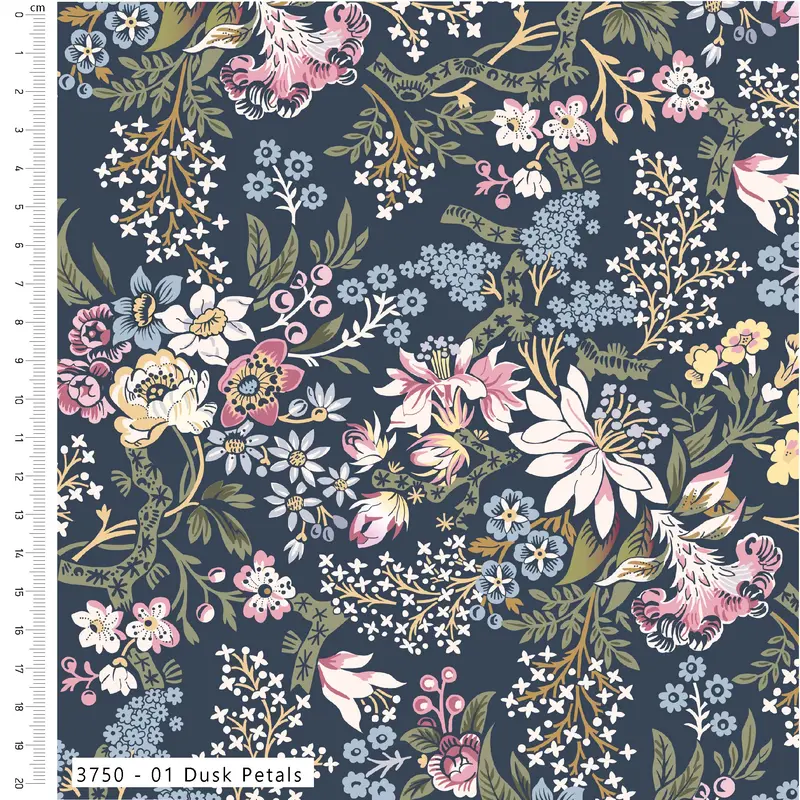 Pressed In Time Organic Cotton Fabric, Dusk Petals 2