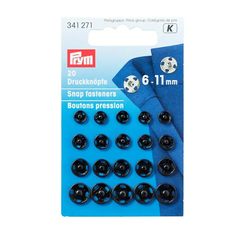 Prym Black Metal Press Studs, Sew On Type 8