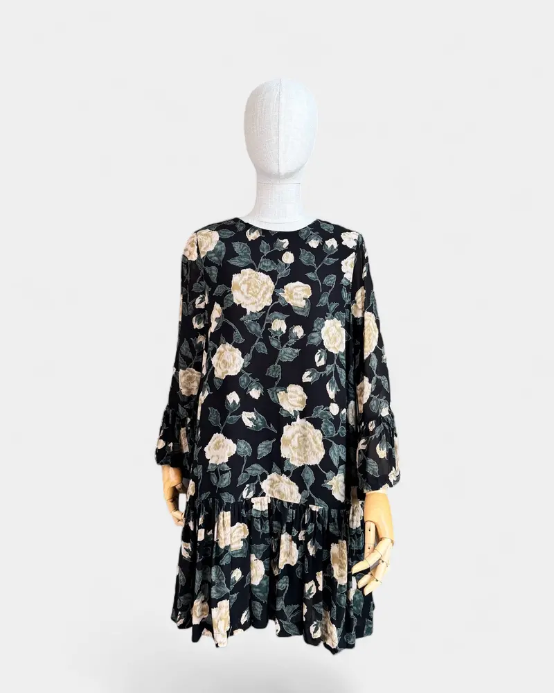 Robe Noire À Fleurs En Chiffon Fluide Ganni , S 1