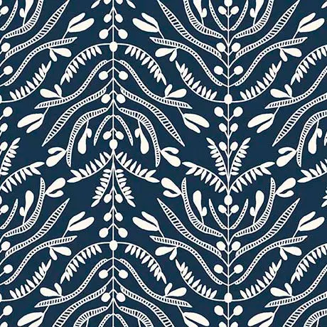 Serenade Organic Cotton Fabric, Damask Branches Navy 1