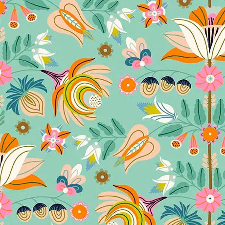 Serenade Organic Cotton Fabric, Folk Bouquet Dusty Aqua 1