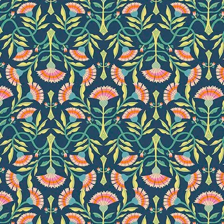 Serenade Organic Cotton Fabric, Sunrise Blooms Navy 1