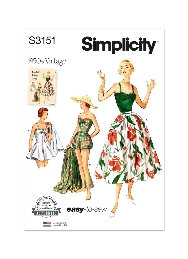 Simplicity Sewing Pattern 3151 Misses' 1950'S One Piece Bathing Suit And Skirt 1