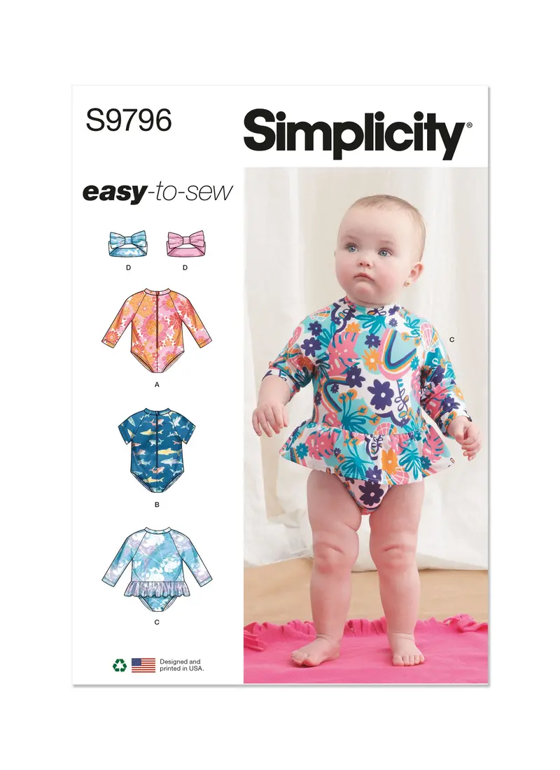 Simplicity Sewing Pattern 9796 Babies' Swimsuits With Rash Guard And Headband 2