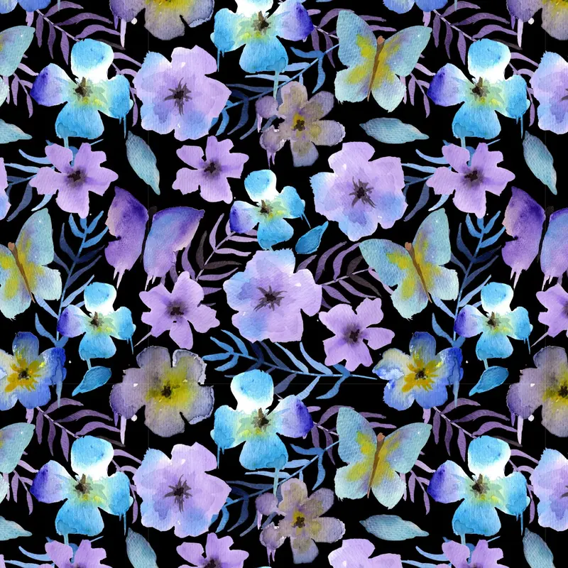 Vivid Watercolours Organic Cotton Fabric, Electric Blue Black 1