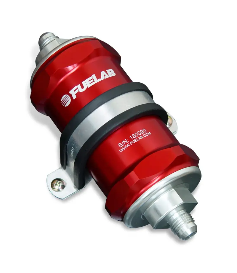 Fuelab 818 Inline Fuel Filter – -6An Inlet/Outlet, 40-Micron Stainless Steel Element, Red Housing 1