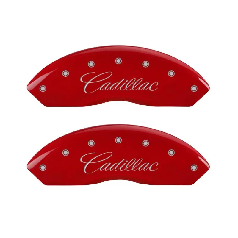 Mgp Engraved 4-Piston Caliper Covers – Front: Cursive Script, Rear: Cadillac Srx Logo – Red Finish Over Silver Chrome 1
